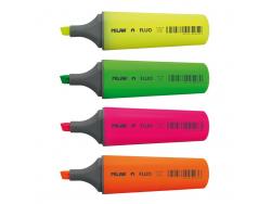Milan Fluo Pack de 4 Marcadores Fluorescentes - Punta Biselada 1 - 4.8mm - Colores Amarillo, Naranja, Rosa y Verde
