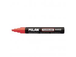 Milan Fluoglass Rotulador Superficies Lisas - Punta Biselada - Trazo de 2 a 4mm - Tinta al Agua - Borrado Facil - Color Rojo