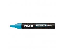 Milan Fluoglass Rotulador Superficies Lisas - Punta Biselada - Trazo de 2 a 4mm - Tinta al Agua - Borrado Facil - Color Azul