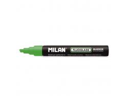 Milan Fluoglass Rotulador Superficies Lisas - Punta Biselada - Trazo de 2 a 4mm - Tinta al Agua - Borrado Facil - Color Verde