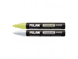 Milan Fluoglass Pack de 2 Rotuladores para Superficies Lisas - Punta Biselada - Trazo de 2 a 4mm - Tinta al Agua - Borrado Facil - Colores Surtidos