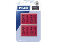 Milan Nata 624 Pack De 4 Gomas De Borrar Rectangulares - Plastico - Suave - No Abrasiva - Color Rojo/Blanco
