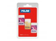 Milan Nata 6027 Pack De 3 Gomas De Borrar Rectangulares - Miga De Pan - Plastico - Faja De Carton En Colores Surtidos - Color Blanco