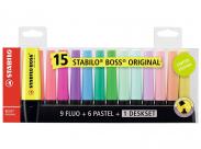 Stabilo Boss 70 Pack De 15 Marcadores Fluorescente - Trazo Entre 2 Y 5Mm - Recargable - Tinta Con Base De Agua - Colores Surtidos
