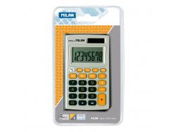 Milan Calculadora de Bolsillo 8 Digitos - 3 Teclas de Memoria y Raiz Cuadrada - Apagado Automatico - Incluye Funda - Color Gris y Naranja