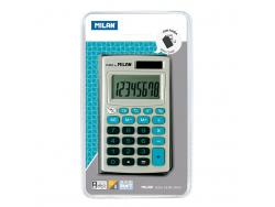 Milan Calculadora de Bolsillo 8 Digitos - 3 Teclas de Memoria y Raiz Cuadrada - Apagado Automatico - Incluye Funda - Color Gris y Azul