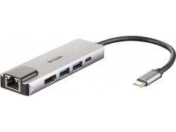 D-Link Hub USB‑C 5 en 1 2 Puertos USB 3.0 + 1 HDMI + 1 RJ45 - Plug & Play