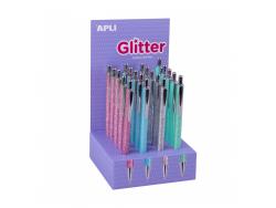 Apli Glitter Expositor de 20 Boligrafos de Metal - Tinta de Aceite - Secado Rapido - Punta 1mm - Colores Surtidos