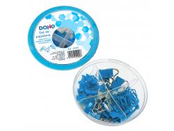Dohe Combo Ovni Pack de Accesorios de Escritorio - 12 Pinzas de 15mm, 5 Pinzas de 19mm, 50 Clips de 28mm y 30 Push Pins de 22mm - Color Azul