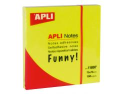 Apli Notas Adhesivas Funny 75x75mm - Bloc de 100 Hojas - Adhesivo de Calidad - Facil de Despegar - Color Amarillo Fluorescente