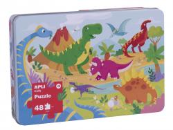 Apli Kids Puzle Dinosaurios - 48 Piezas de 5.5x6cm - Caja Metalica Rectangular - Diseño Exclusivo Infantil, Colorido, Claro y Simple - Piezas Resistentes y Seguras - Grosor de 2mm con Acabado Brillante E Indiana en el Dorso