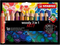 Stabilo Woddy 3 en 1 Arty Pack de 10 Lapices de Colores + Sacapuntas - Lapiz de Color, Cera y Acuarela, Todo en Uno - Mina XXL 10mm - Colores Surtidos