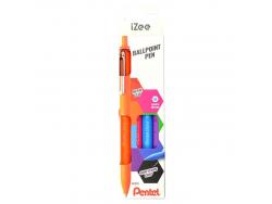 Pentel iZee Pack de 4 Boligrafos de Bola Retractiles - Punta 0.7mm - Trazo 0.35mm - Clip de Metal - Colores Naranja, Azul Claro, Rosa y Violeta