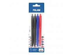Milan P1 Touch Pack de 4 Boligrafos de Bola Retractiles - Punta Redonda 1mm - Tinta con Base de Aceite - Escritura Suave - 1.200m de Escritura - Color Negro x2, Azul y Rojo
