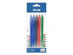 Milan P1 Touch Pack de 5 Boligrafos de Bola Retractiles - Punta Redonda 1mm - Tinta con Base de Aceite - Escritura Suave - 1.200m de Escritura - Color Azul x2, Negro, Rojo y Verde