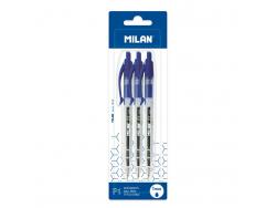 Milan P1 Pack de 3 Boligrafos de Bola Retractiles - Punta Redonda 1mm - Cuerpo Transparente - Color Azul