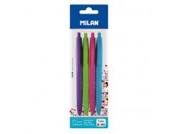 Milan P1 Touch Colours Pack de 4 Boligrafos de Bola Retractiles - Punta Redonda 1mm - Tinta con Base de Aceite - Escritura Suave - 1.200m de Escritura - Color Azul Claro, Verde Claro, Lila y Rosa