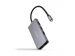 Nanocable HUB USB-C 9 en 1 -Conversor USB-C a 3 x USB-A + 2 x HDMI + RJ45 + TF + SD + USB-C PD 100W - Aluminio - 15cm - Color Gris