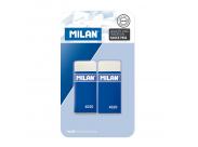 Milan 4020 Pack De 2 Gomas De Borrar Rectangulares - Miga De Pan - Suave Caucho Sintetico - Faja De Carton Azul - Color Blanco