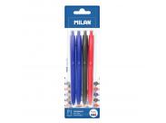 Milan P1 Touch Pack De 4 Boligrafos De Bola Retractiles - Punta Redonda 1Mm - Tinta Con Base De Aceite - Escritura Suave - 1.200M De Escritura - Color Azul X2, Negro Y Rojo