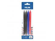 Milan P1 Touch Pack De 4 Boligrafos De Bola Retractiles - Punta Redonda 1Mm - Tinta Con Base De Aceite - Escritura Suave - 1.200M De Escritura - Color Negro X2, Azul Y Rojo